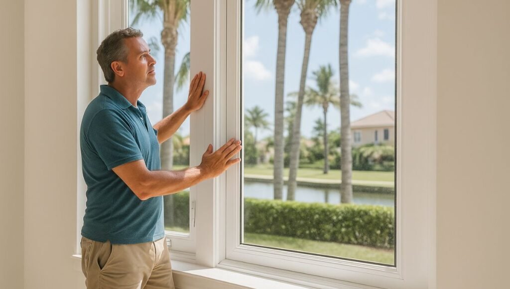 Florida homeowner checking newly installed impact windows