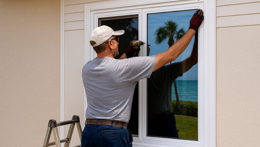 Professional installer fitting impact windows in Florida